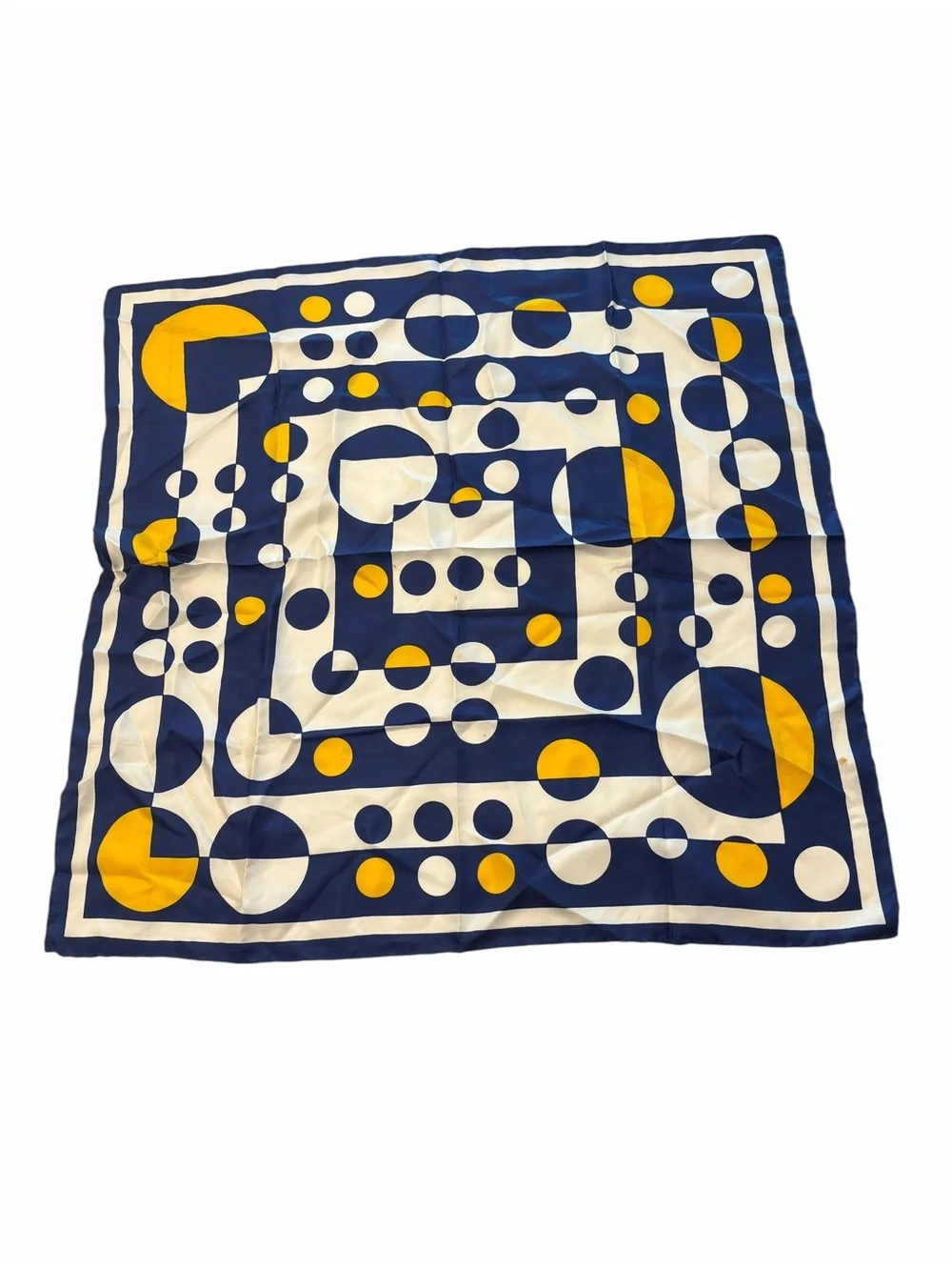 Silk Scarf Hand Rolled Edges 26” Blue Yellow White Geometric Dots STAINS Italy